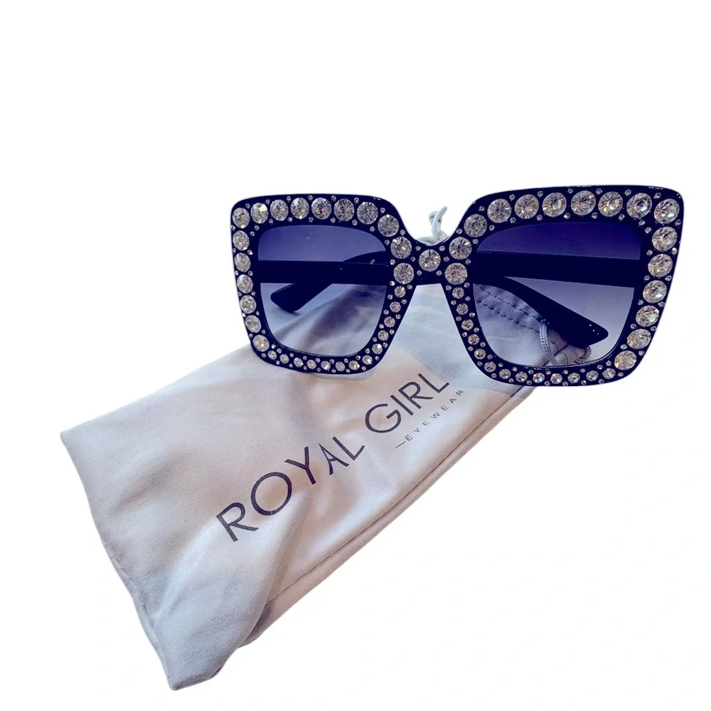 Oversized square rhinestone studded sunglasses. By Royal Girl Eyewear. EUC